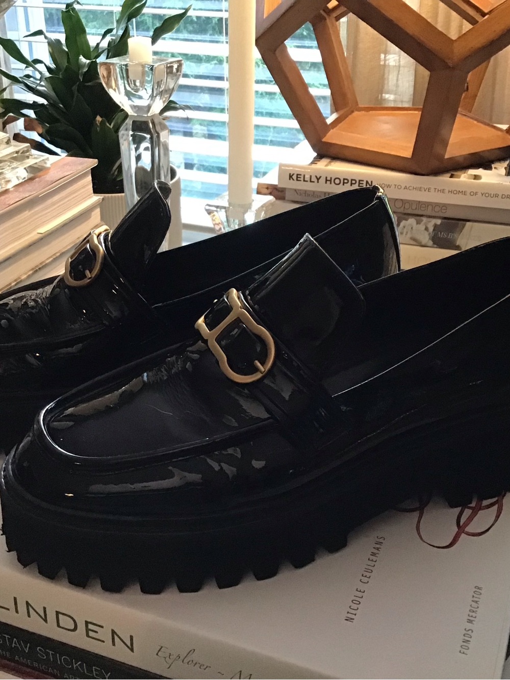 Patent Black Lug-Sole Loafers with Gold Buckle